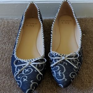 Crown and Ivy Denim and Cream Scroll Flats